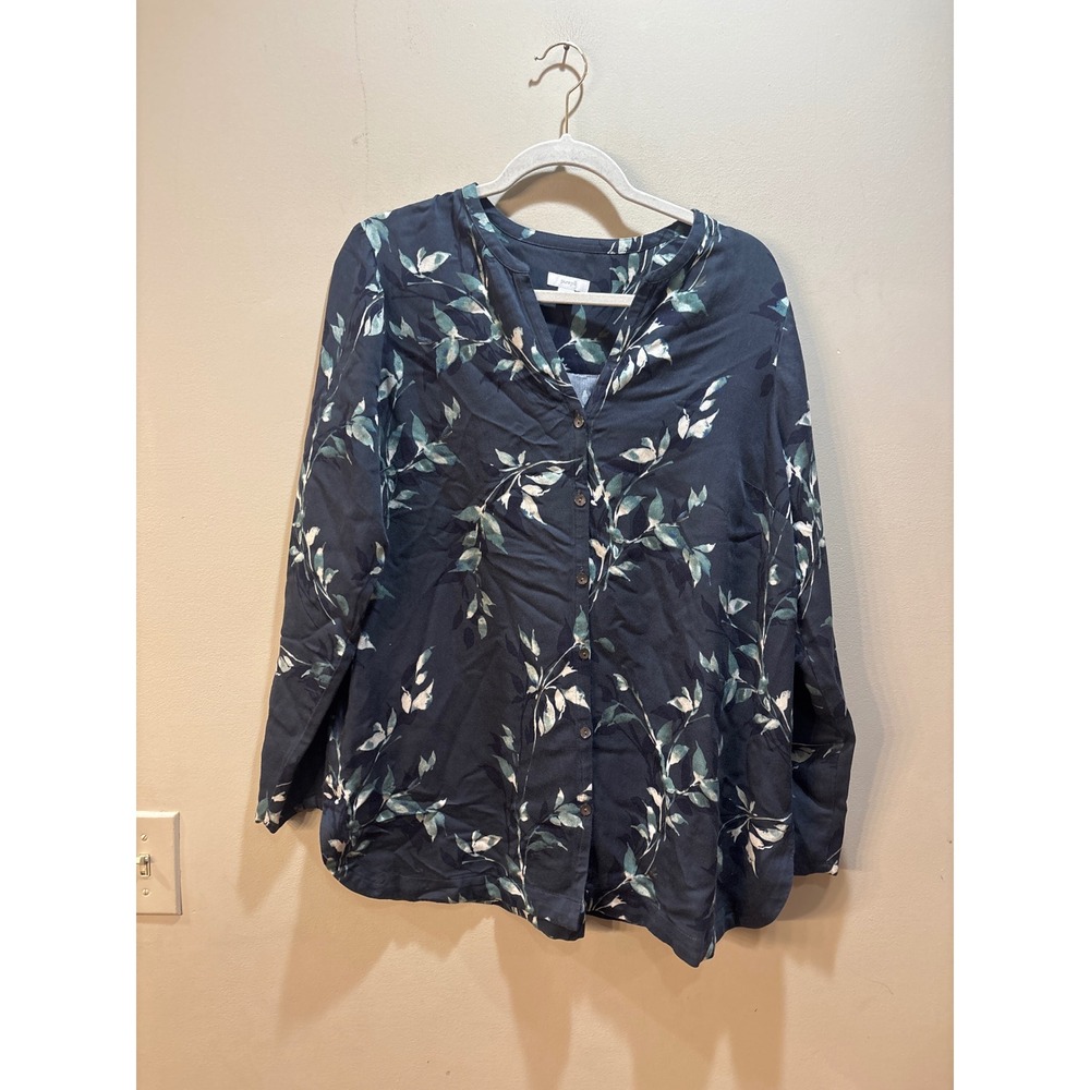 Pure Jill Navy Blue Botanical Leaf Print Viscose Cotton Button Up Blouse Medium